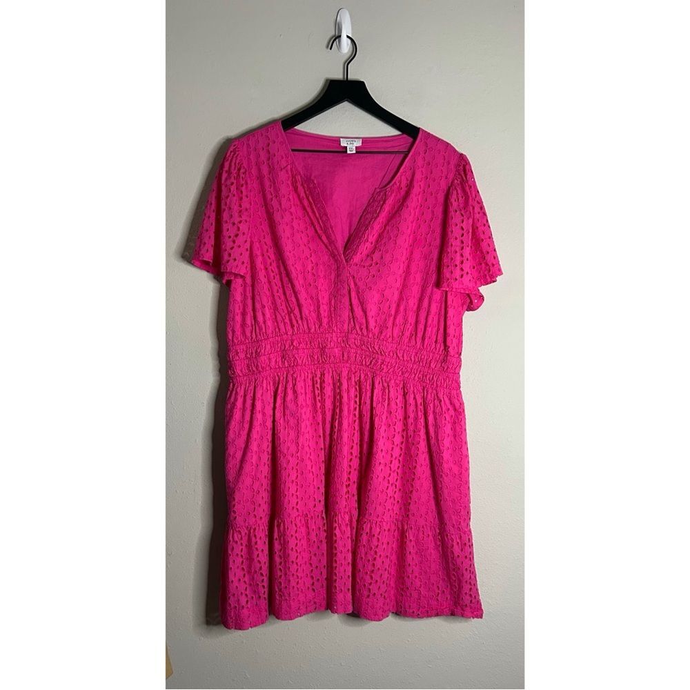 Crown & Ivy Hot Pink Flutter Sleeve Eyelet Mini Dress
